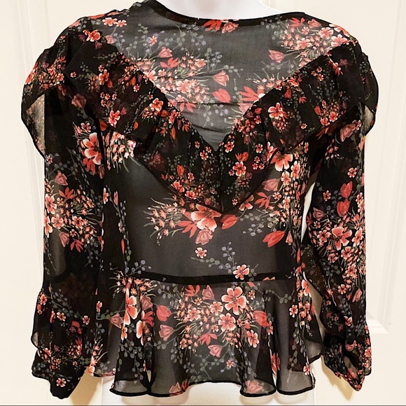 3/$20 🎉 Zara sheer black floral top with long sleeves and v-shaped ruffles, XS - Picture 1 of 5